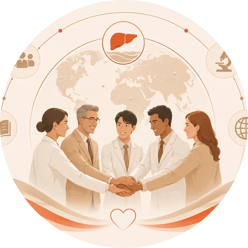 International healthcare professionals collaborating on ascites and liver disease research