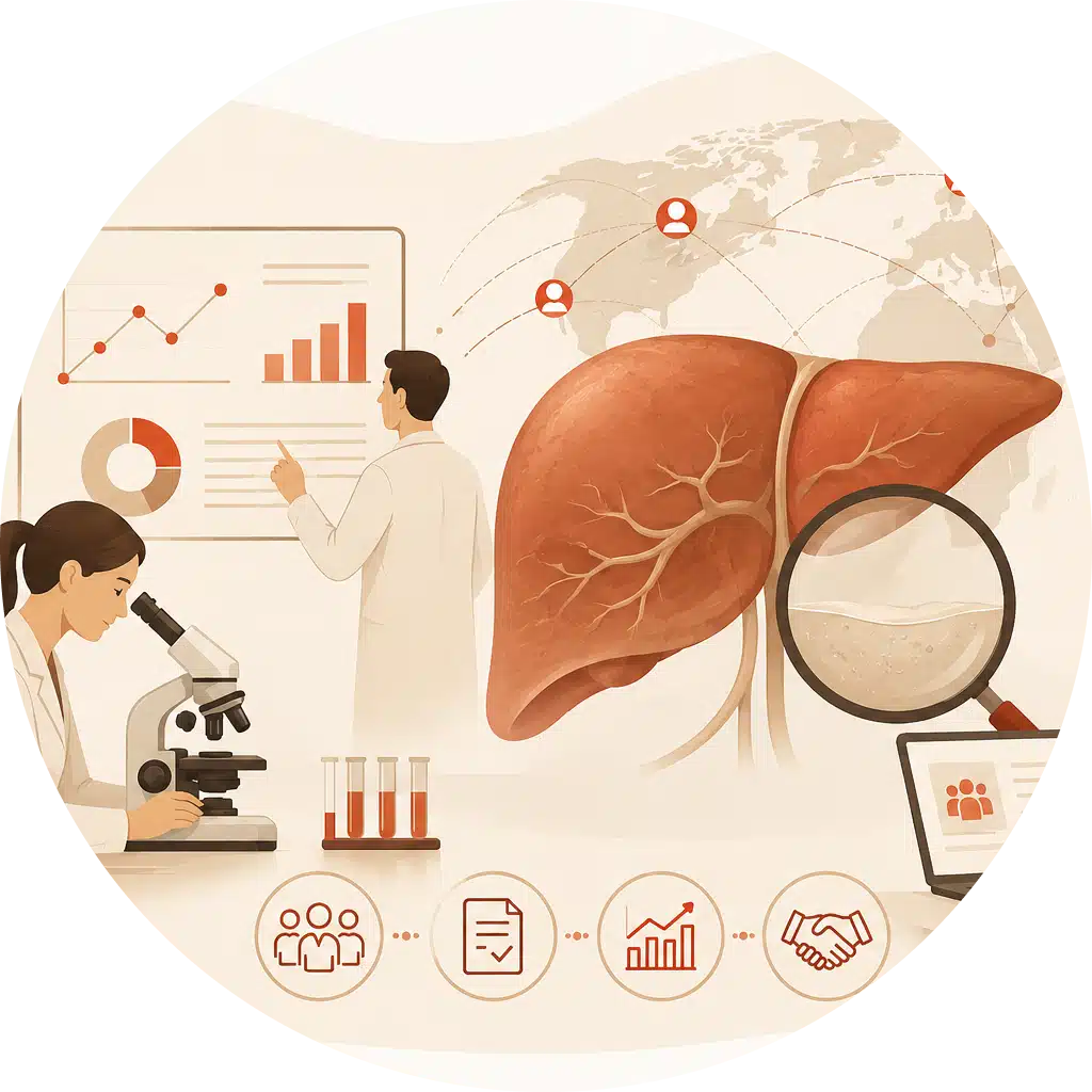 Illustration of liver disease research with scientists, medical charts and global collaboration network
