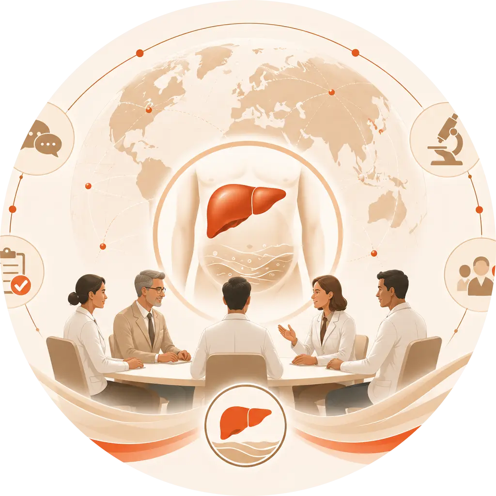 Medical specialists discussing liver disease and ascites research in an international clinical collaboration